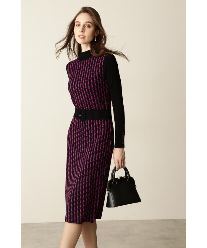 ピンキー アンド ダイアン ジオメトリックジャカードニットワンピース